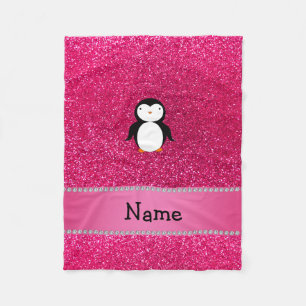 Personalized name penguin pink glitter fleece blanket