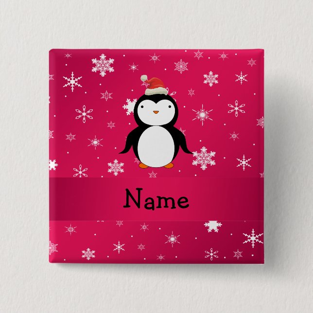 Personalized name penguin pink snowflakes pinback button (Front)