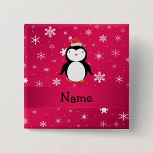 Personalized name penguin pink snowflakes pinback button