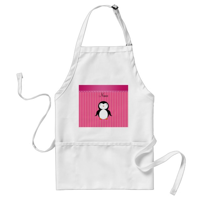 Personalized name penguin pink stripes adult apron (Front)