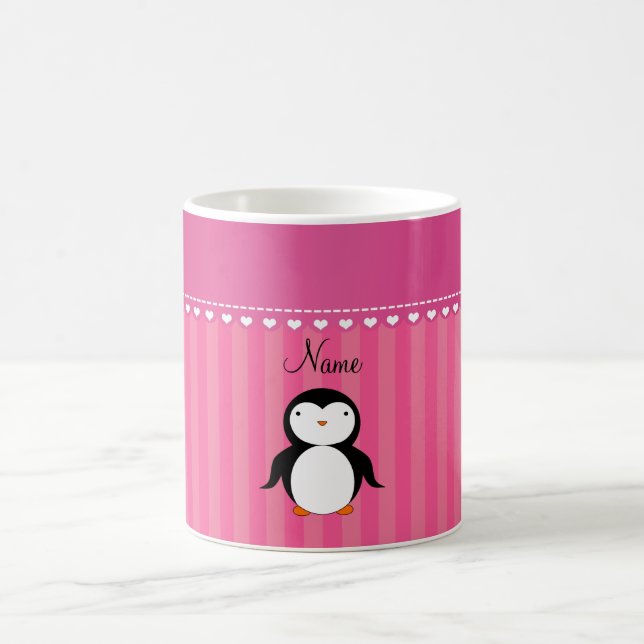 Personalized name penguin pink stripes coffee mug (Center)