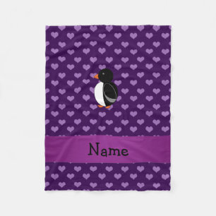 Personalized name penguin purple hearts fleece blanket