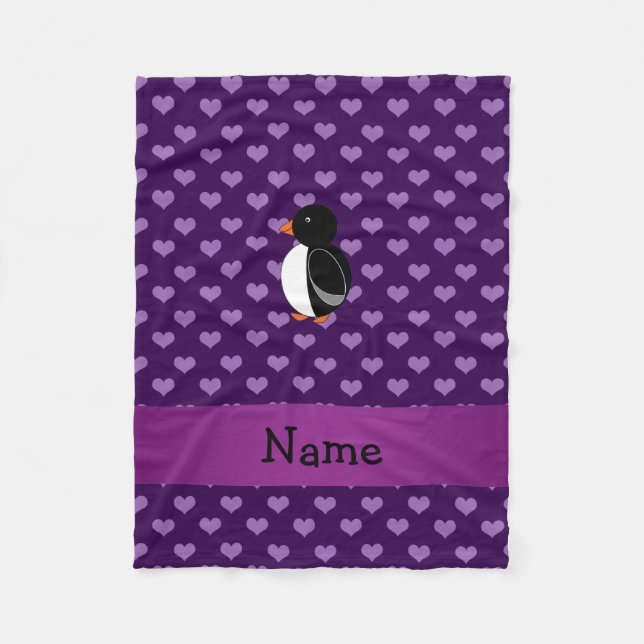 Personalized name penguin purple hearts fleece blanket (Front)