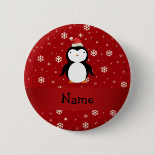 Personalized name penguin red snowflakes button