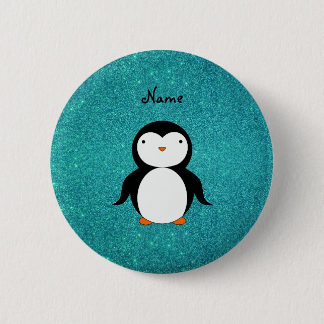 Personalized name penguin turquoise glitter button (Front)
