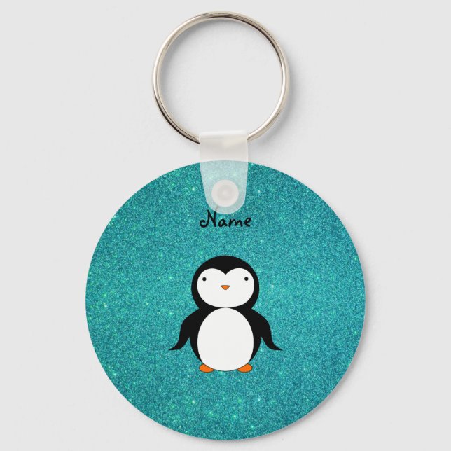 Personalized name penguin turquoise glitter keychain (Front)