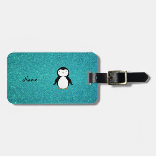 Personalized name penguin turquoise glitter luggage tag