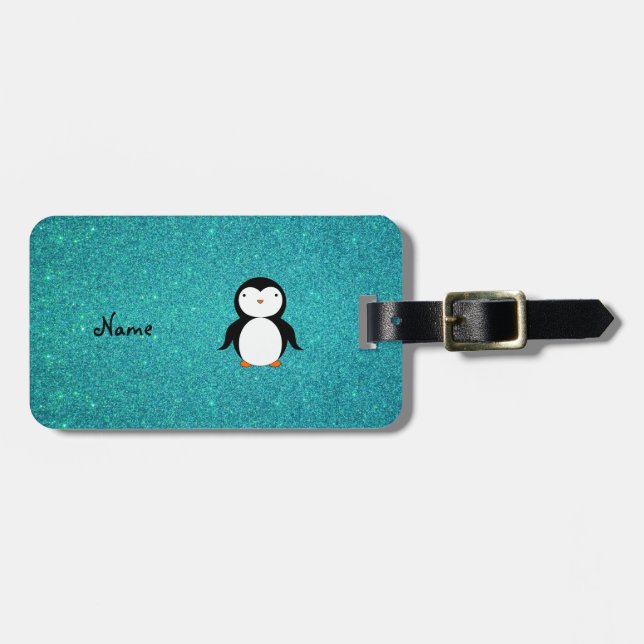 Personalized name penguin turquoise glitter luggage tag (Front Horizontal)