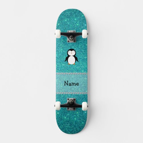 Personalized name penguin turquoise glitter skateboard