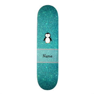Personalized name penguin turquoise glitter skateboard
