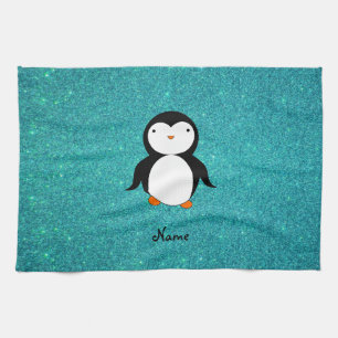 Personalized name penguin turquoise glitter towel