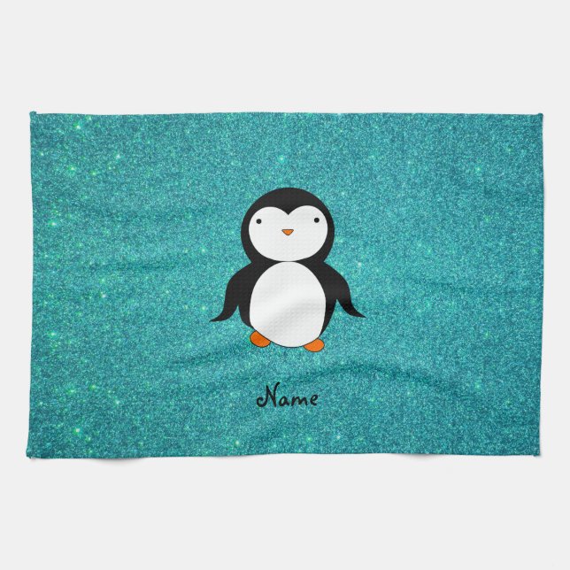 Personalized name penguin turquoise glitter towel (Horizontal)