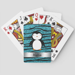 Personalized name penguin turquoise glitter zebra poker cards