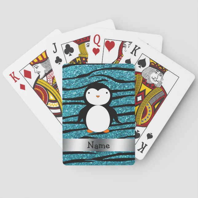 Personalized name penguin turquoise glitter zebra poker cards (Back)