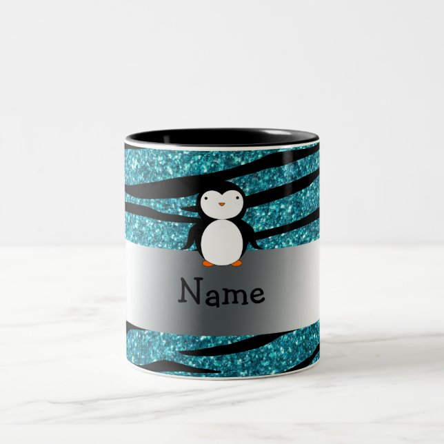 Personalized name penguin turquoise glitter zebra Two-Tone coffee mug (Center)