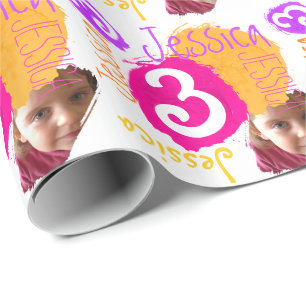 Personalized name photo 3th birthday paint wrap wrapping paper