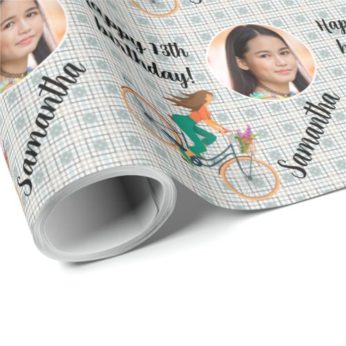 Personalized Name Photo Age Girl on Pedal Bike Wrapping Paper