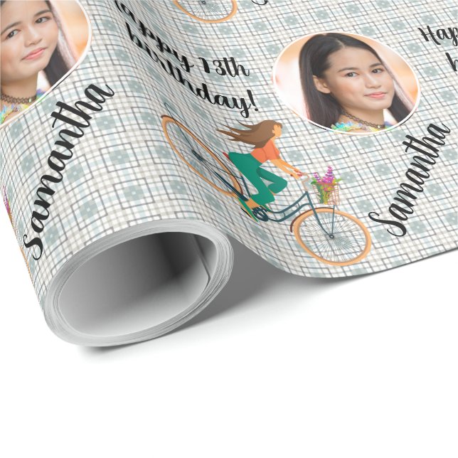 Personalized Name Photo Age Girl on Pedal Bike Wrapping Paper (Roll Corner)