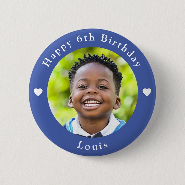 Personalized Name, Photo And Age Birthday Blue Button (Front)