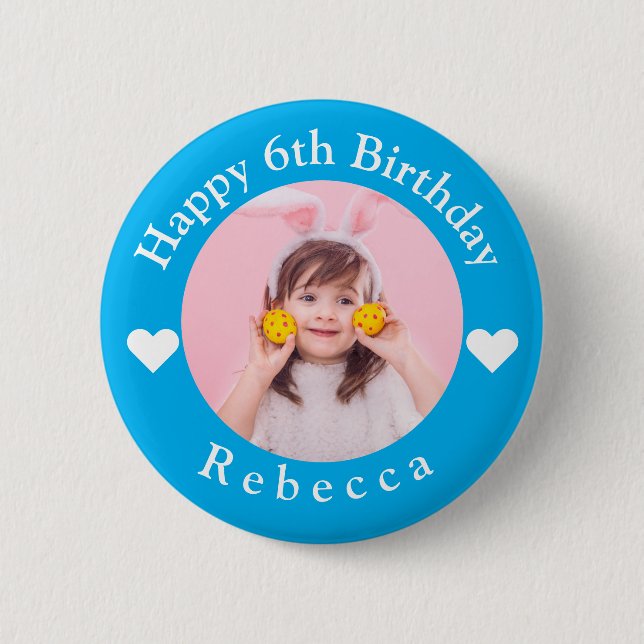 Personalized Name, Photo And Age Birthday Blue Button (Front)