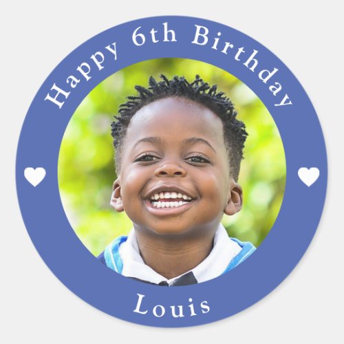 Personalized Name Photo And Age Birthday Blue Classic Round Sticker