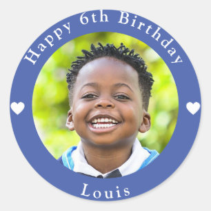 Personalized Name, Photo And Age Birthday Blue Classic Round Sticker