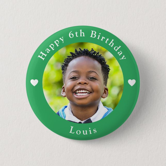 Personalized Name, Photo And Age Birthday Green Button (Front)