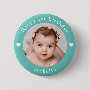 Personalized Name, Photo And Age Birthday Teal Button