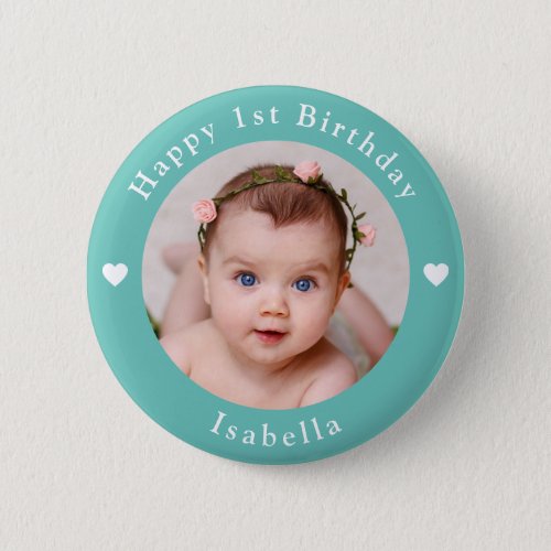 Personalized Name Photo And Age Birthday Teal Button