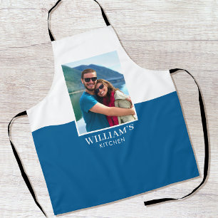 Personalized Name Photo Blue White Modern Apron