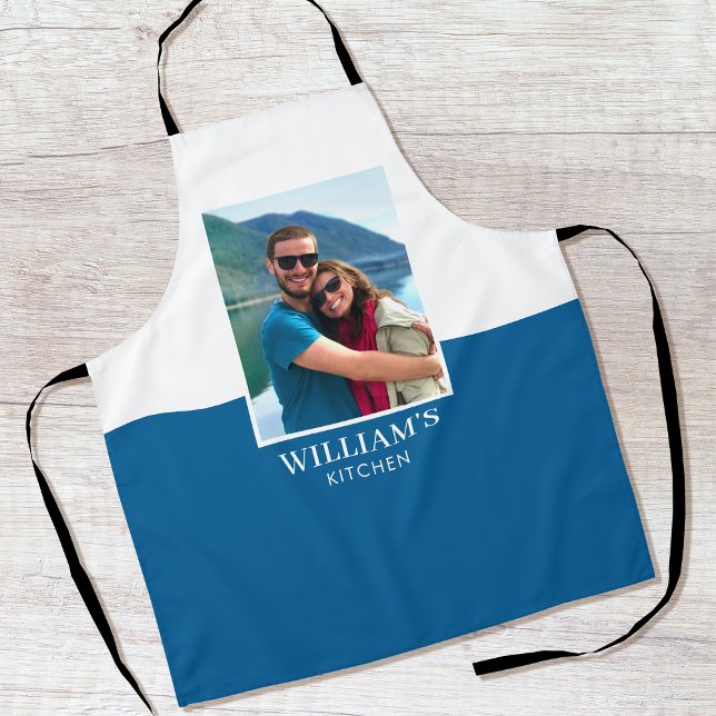 Personalized Name Photo Blue White Modern Apron (Creator Uploaded)