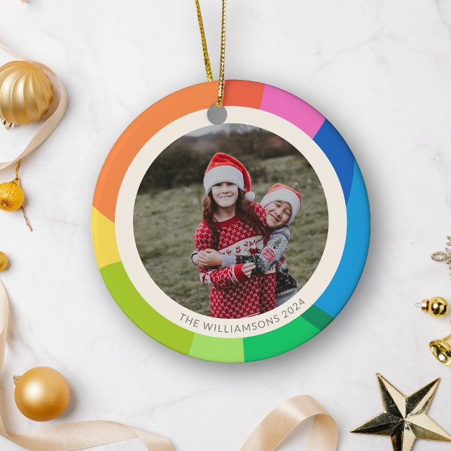 Personalized Name Photo Colorful Rainbow Frame Ceramic Ornament (Creator Uploaded)