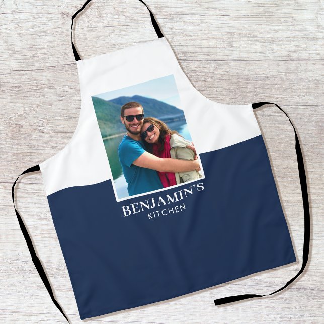 Personalized Name Photo Dark Blue Modern Apron (Creator Uploaded)