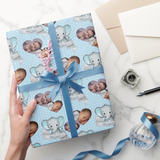 Personalized Name & Photo Elephant Baby Boy Blue Wrapping Paper (Gifting)