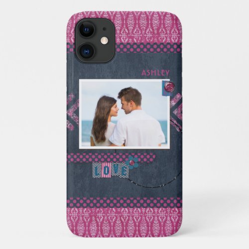 Personalized Name Photo Girly Chic Pink Blue Love iPhone 11 Case