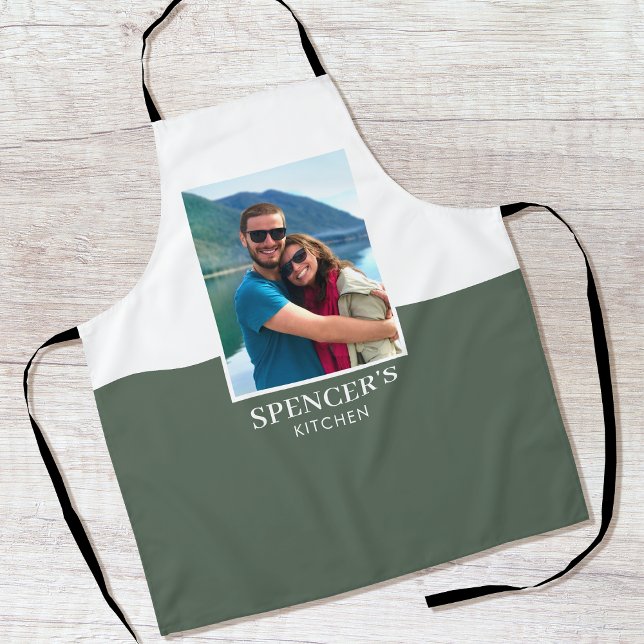 Personalized Name Photo Gray Green Modern Apron (Creator Uploaded)