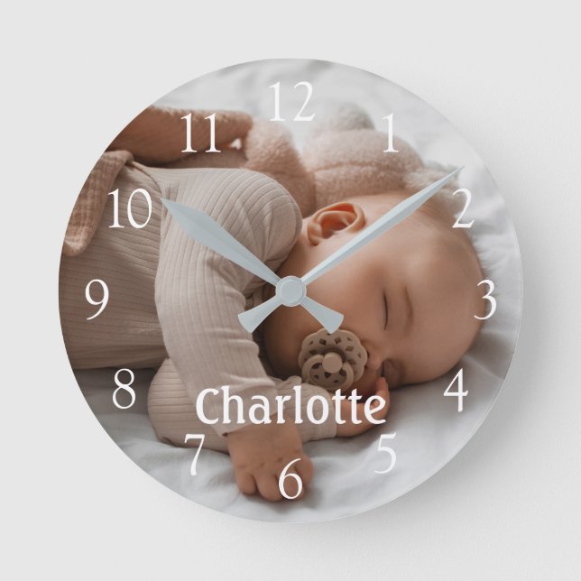 Personalized Name Photo Large White Numbers Round Clock (Front)