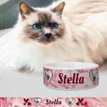 Personalized Name Photo Pink Ceramic Pet Bowl<br><div class="desc">Add your cat, dog, or pet's name and photos to this cute and sweet pink food bowl. The two photos are heart shaped and the background is based on an abstract and aesthetic flowy fluid art design. The swirls position, text color or font can be changed by clicking "customize further"...</div>