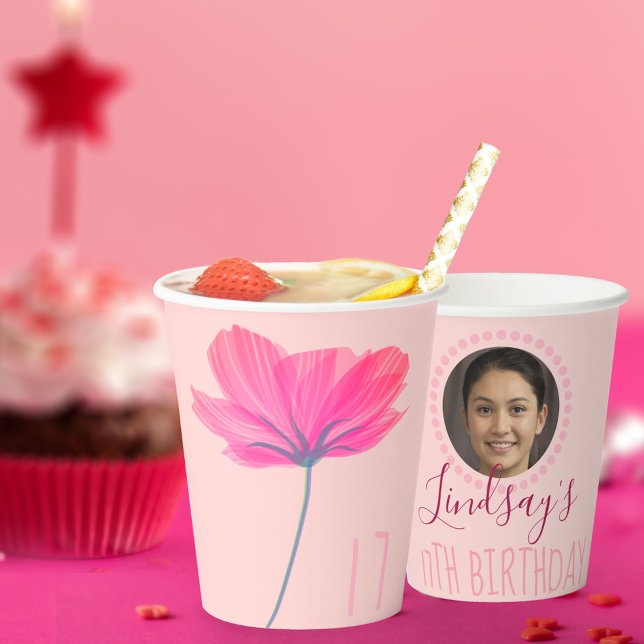 Personalized Name & Photo Pink Floral Birthday Paper Cups (Creator Uploaded)