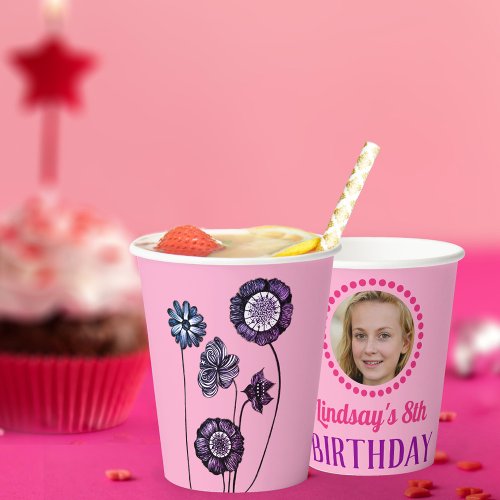 Personalized Name  Photo Pink Floral Birthday Paper Cups