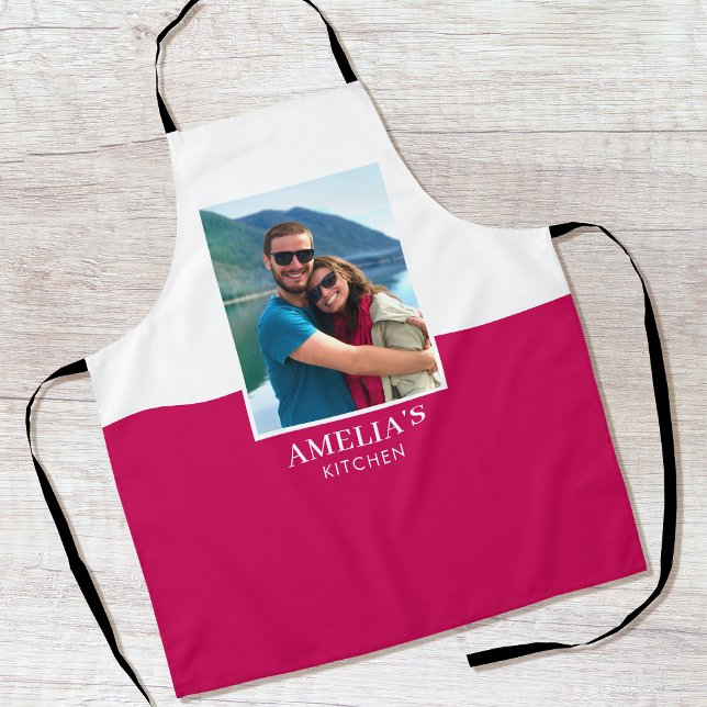 Personalized Name Photo Pink White Modern Apron (Creator Uploaded)