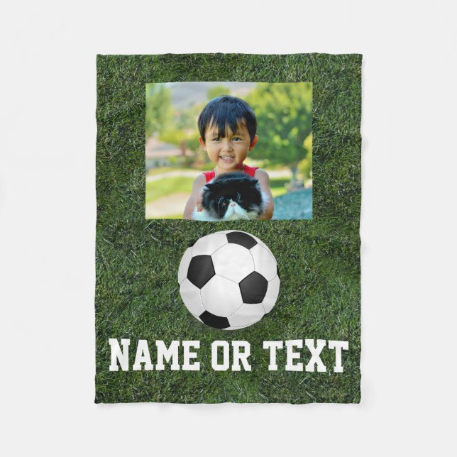 Personalized Name Photo Soccer Grass Boys Fleece Blanket (Front)
