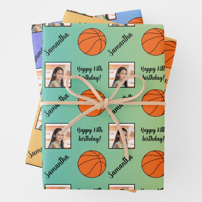 Personalized Name Photo Sport Basketball Birthday Wrapping Paper Sheets (In situ)