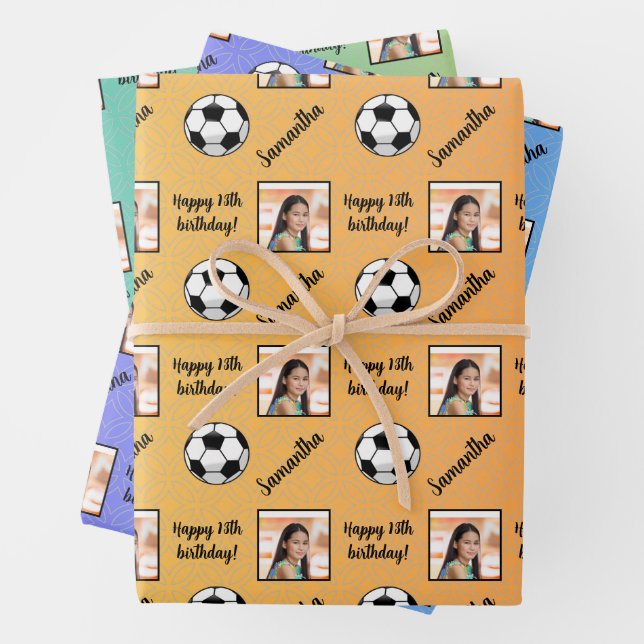 Personalized Name Photo Sport Soccer Birthday Wrapping Paper Sheets (In situ)