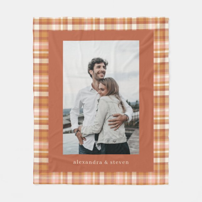 Personalized Name Photo Warm Earthy Gingham Plaid  Fleece Blanket (Front)