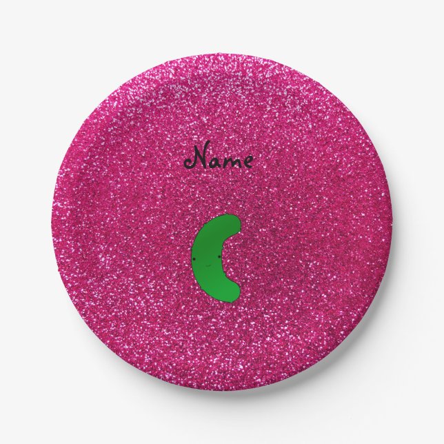 Personalized name pickle pink glitter paper plates (Front)