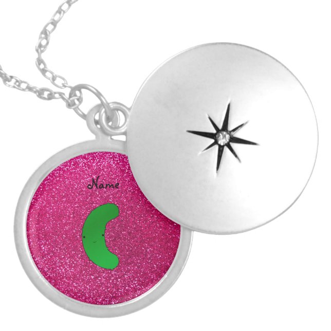 Personalized name pickle pink glitter silver plated necklace (Front)