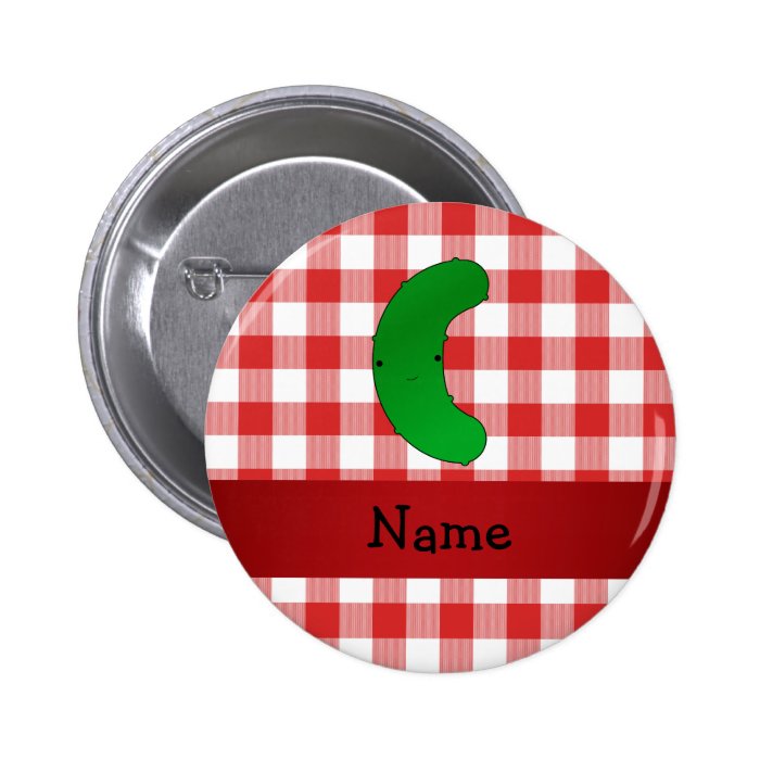 Personalized name pickle red white checkers pinback button