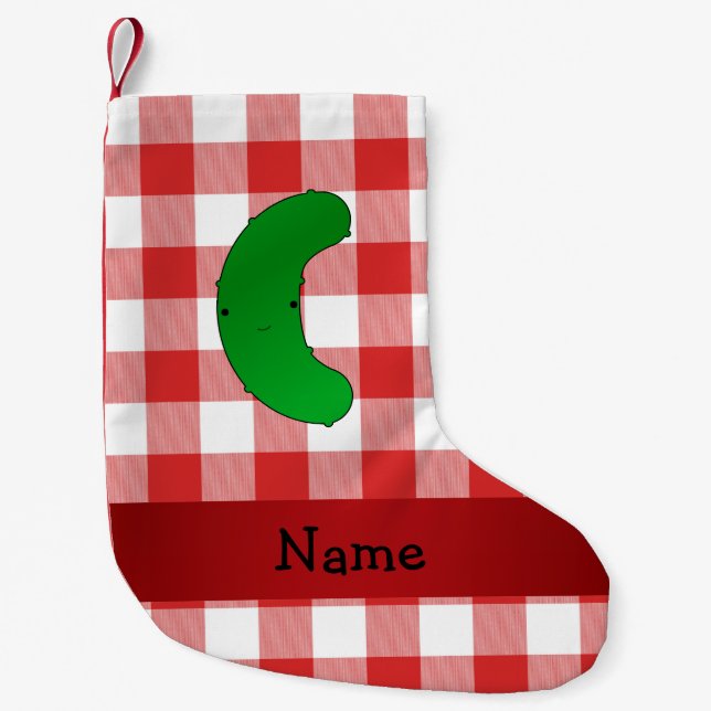 Personalized name pickle red white checkers small christmas stocking (Front)