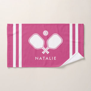 Personalized Name Pickleball Magenta Stripes Hand Towel